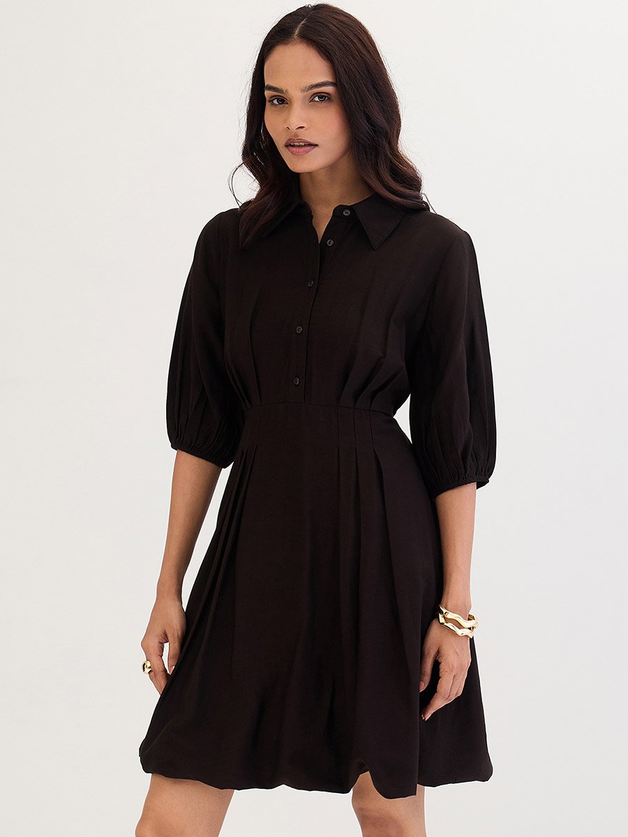 Black Shirt Mini Dress with Fold Pleat Detail