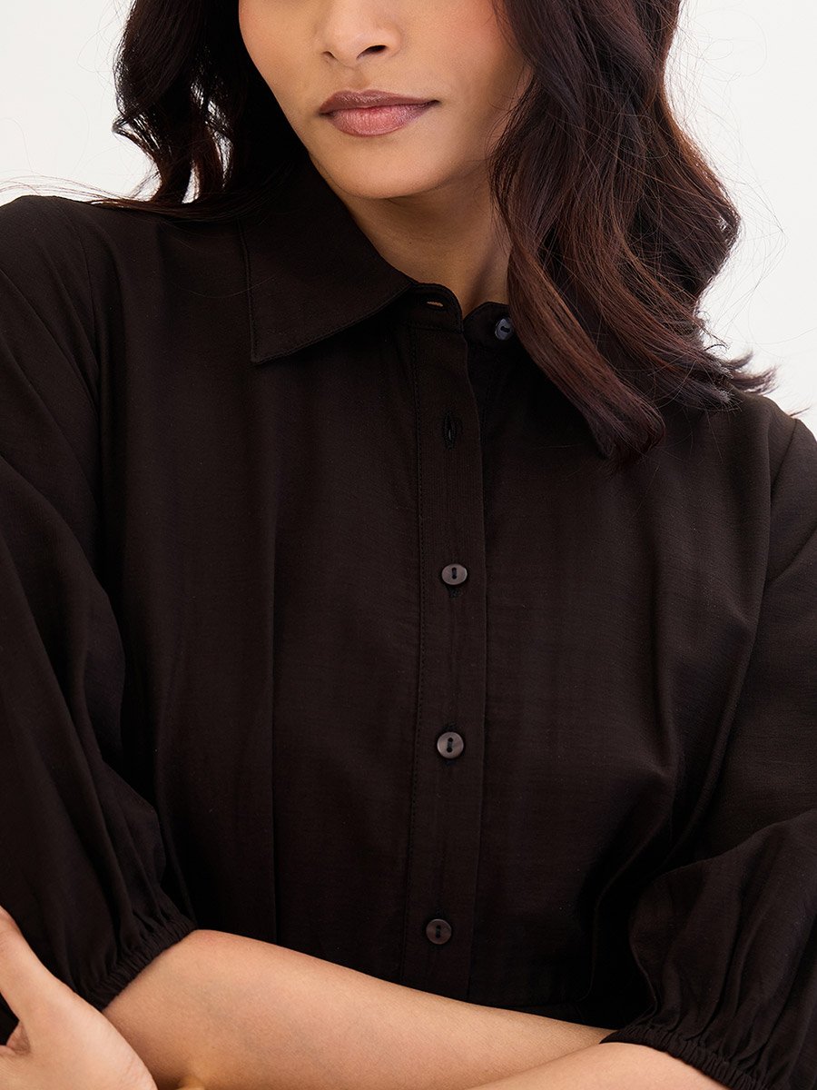 Black Shirt Mini Dress with Fold Pleat Detail