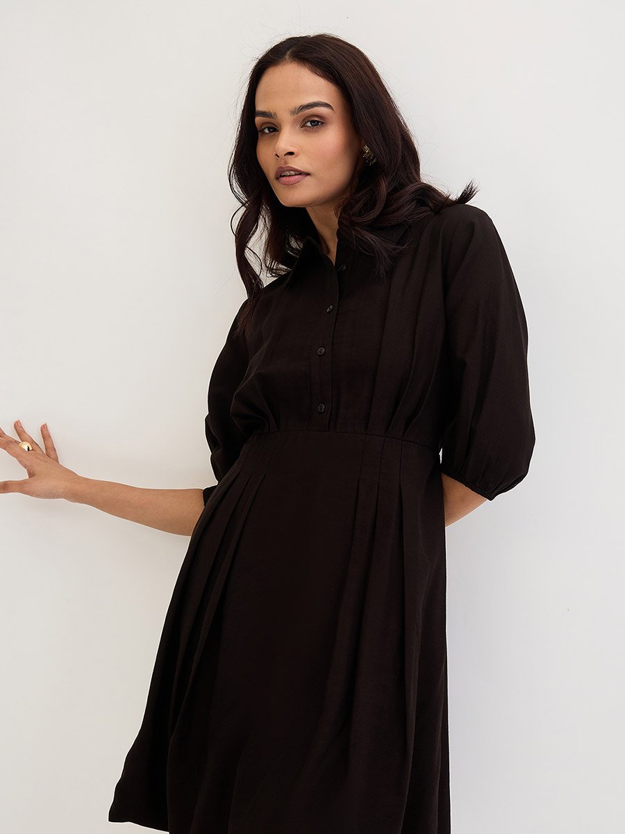 Black Shirt Mini Dress with Fold Pleat Detail