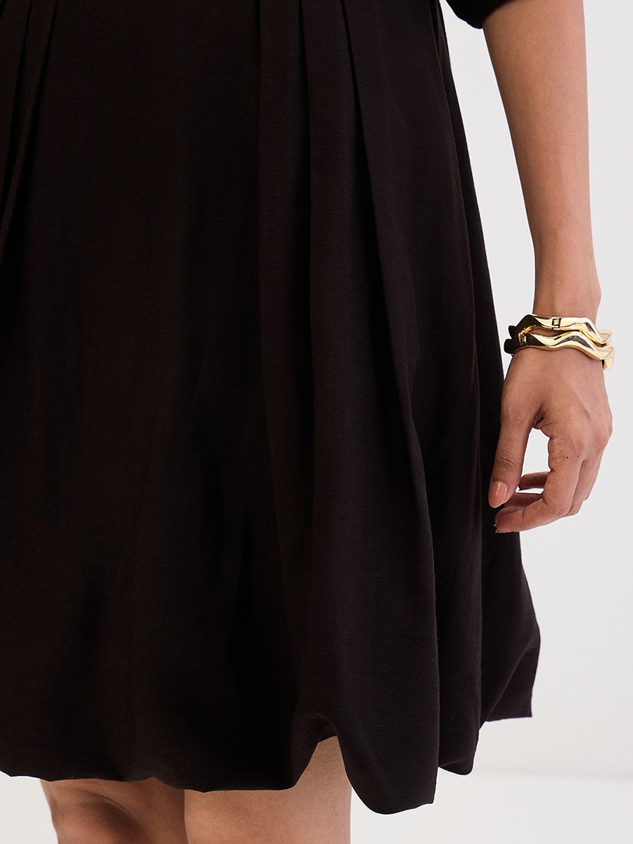 Black Shirt Mini Dress with Fold Pleat Detail