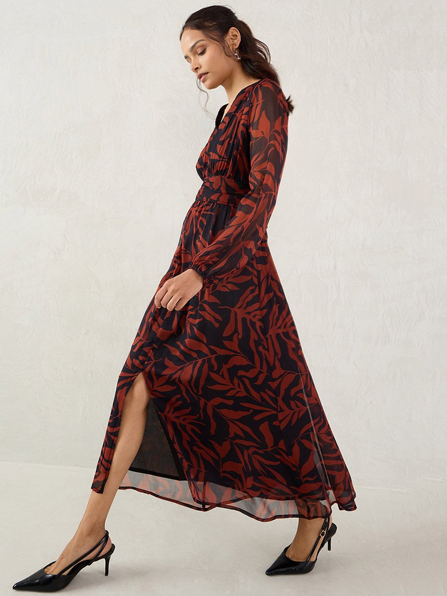 Brown Leaf Print Maxi Dress For Women at Bahrain | Styli