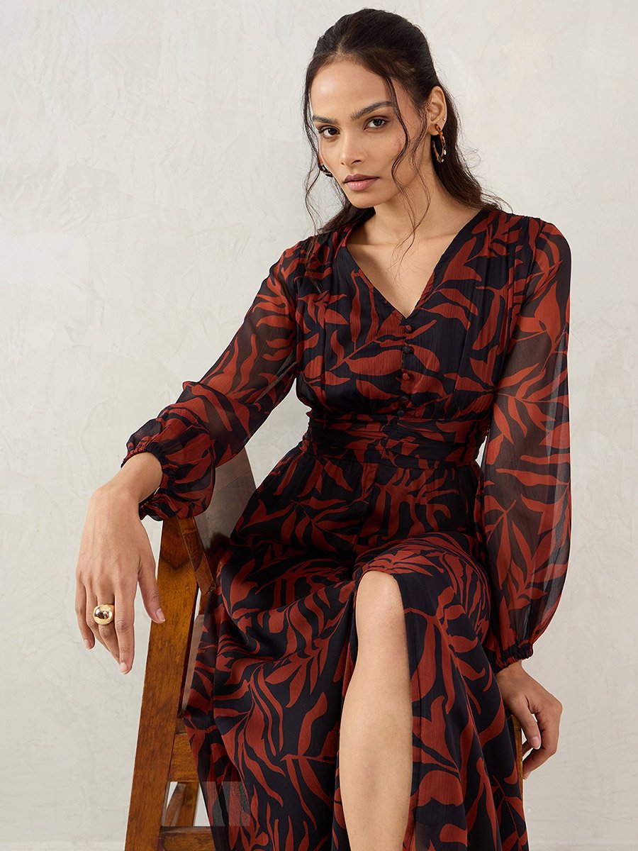 Brown Leaf Print Maxi Dress For Women at Bahrain | Styli