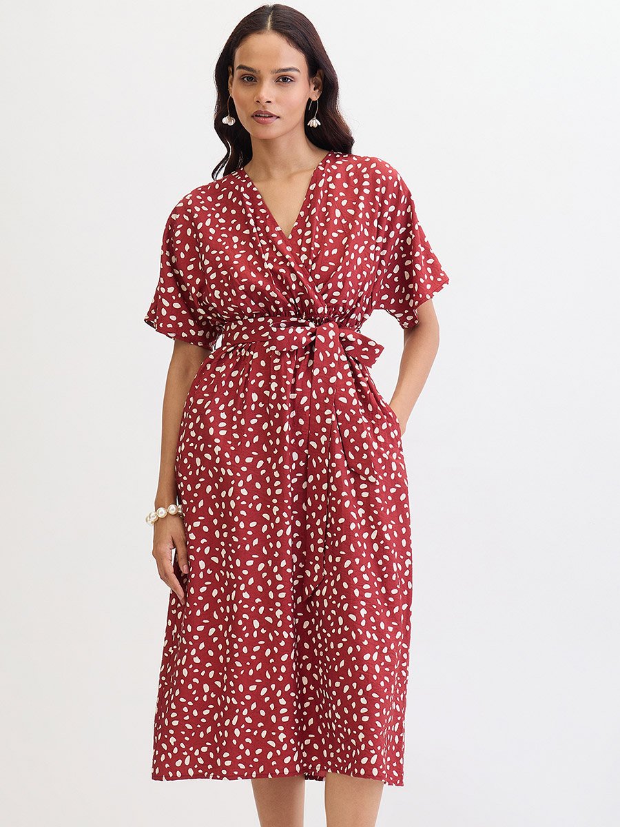 Red Spot Print Wrap Midi Dress