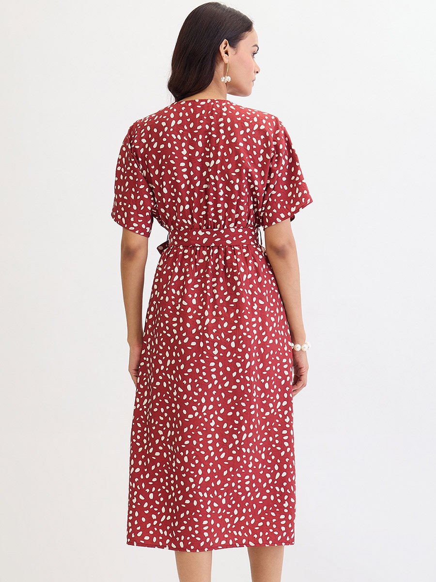 Red Spot Print Wrap Midi Dress