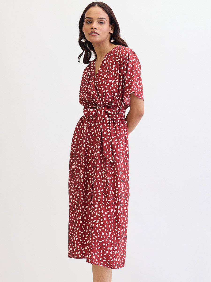 Red Spot Print Wrap Midi Dress