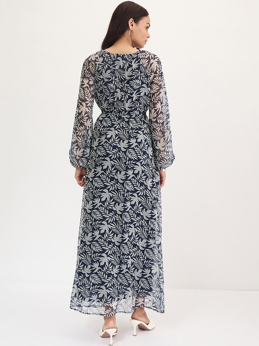 Navy All Over Leaf Print Maxi Dress