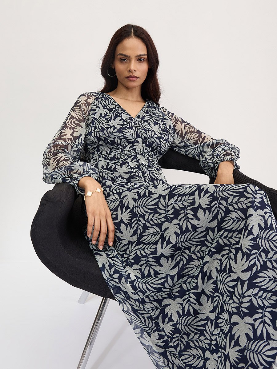 Navy All Over Leaf Print Maxi Dress
