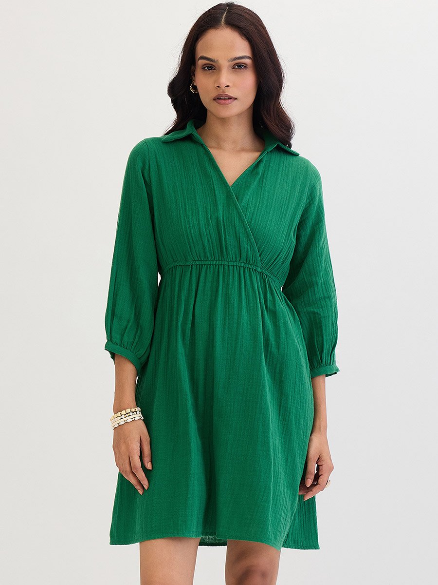 Green Open Collar Wrap Front Mini Dress