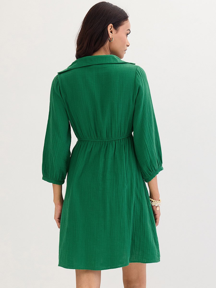 Green Open Collar Wrap Front Mini Dress