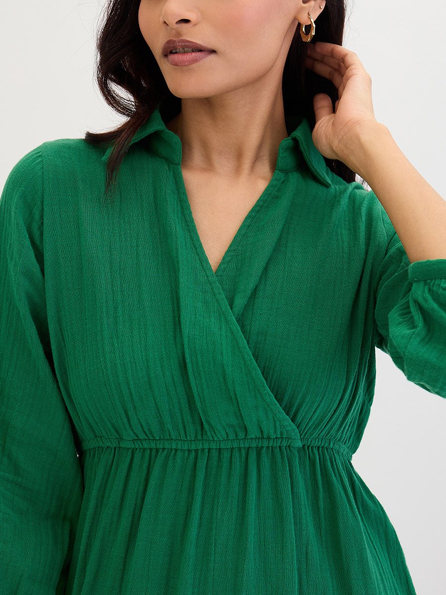 Green Open Collar Wrap Front Mini Dress