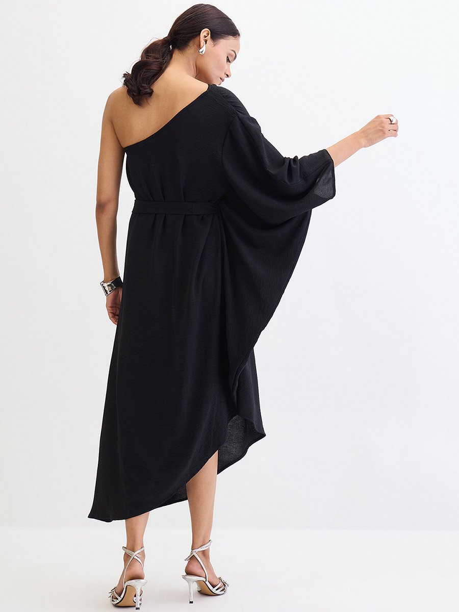 Black One Shoulder Asymmetric Midi Dress
