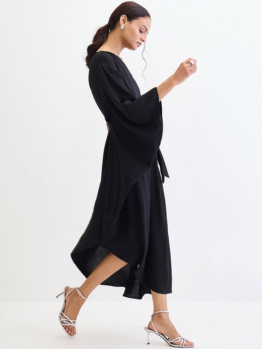 Black One Shoulder Asymmetric Midi Dress