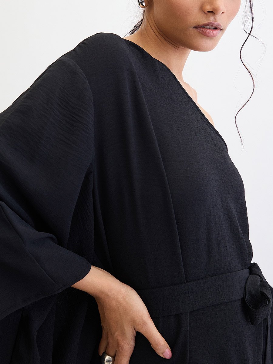 Black One Shoulder Asymmetric Midi Dress For Women at Kuwait | Styli