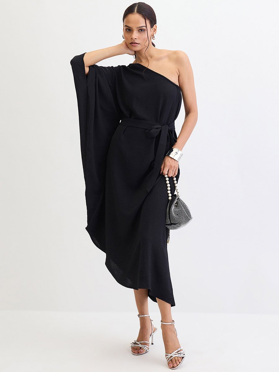Black One Shoulder Asymmetric Midi Dress