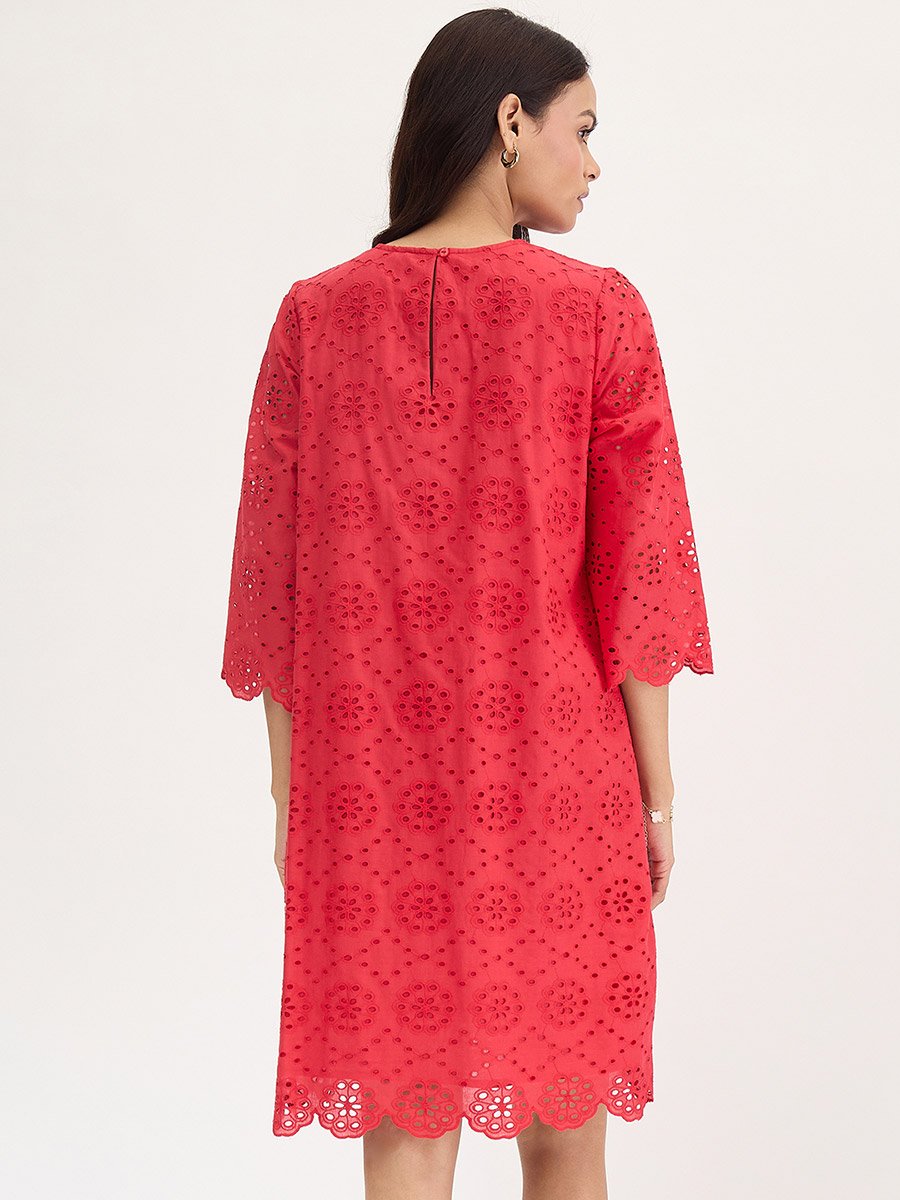 Red Cotton Schiffli Knee Length Dress