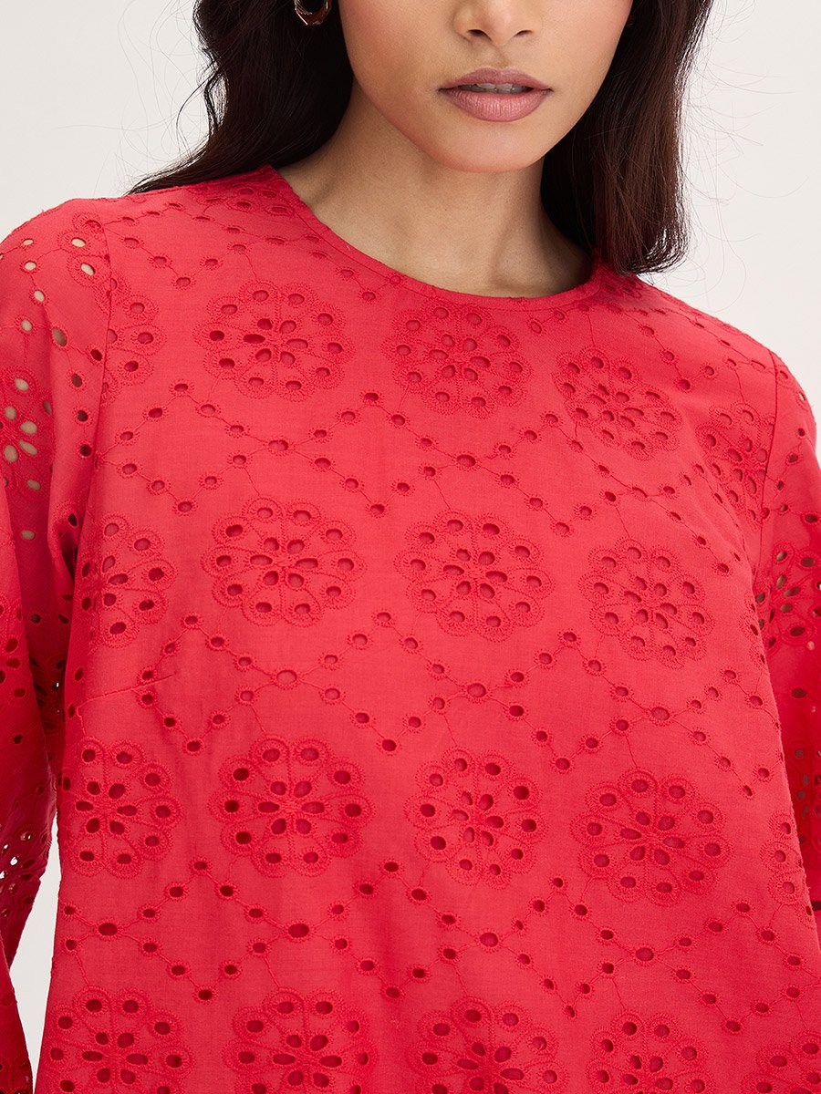 Red Cotton Schiffli Knee Length Dress