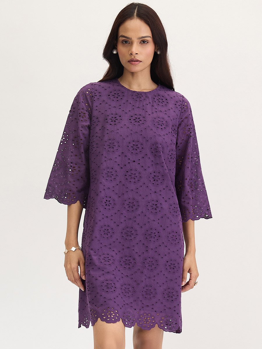 Purple Cotton Schiffli Knee Length Dress