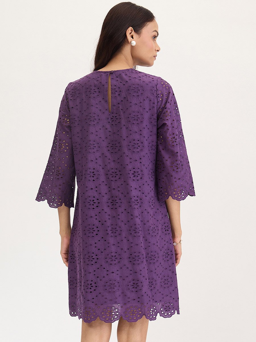 Purple Cotton Schiffli Knee Length Dress