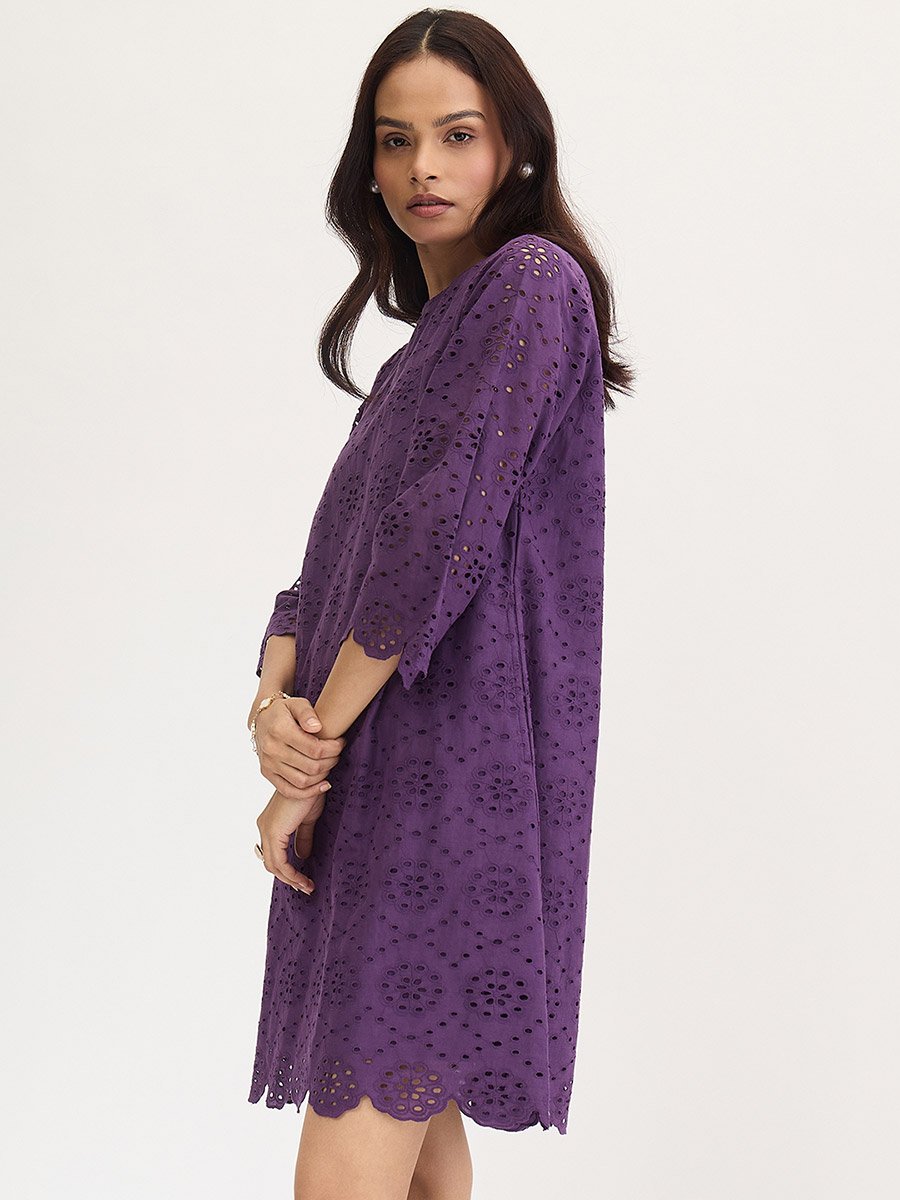 Purple Cotton Schiffli Knee Length Dress