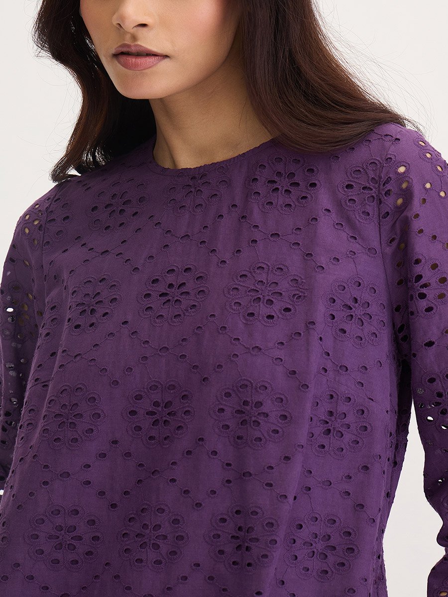 Purple Cotton Schiffli Knee Length Dress