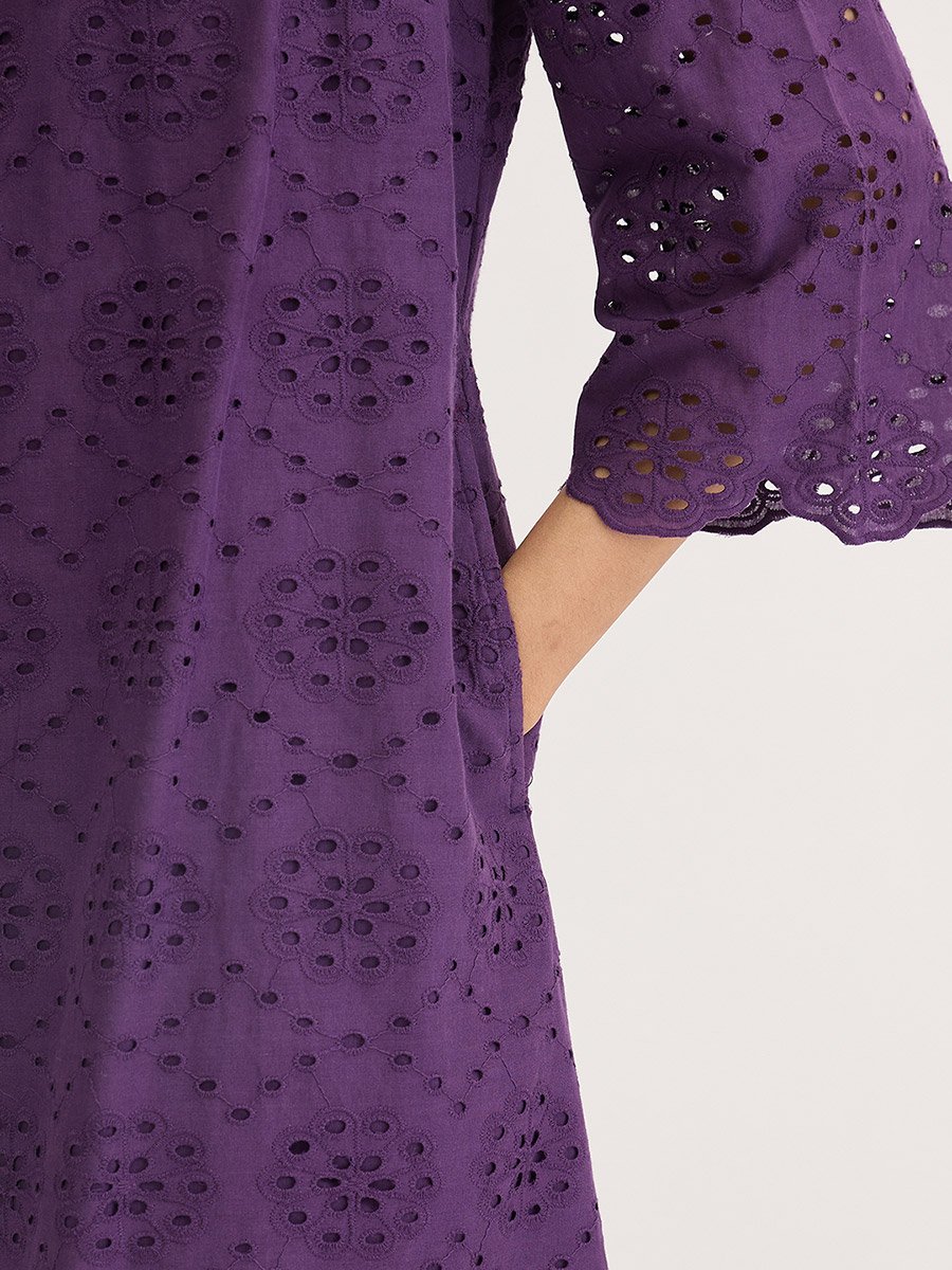 Purple Cotton Schiffli Knee Length Dress