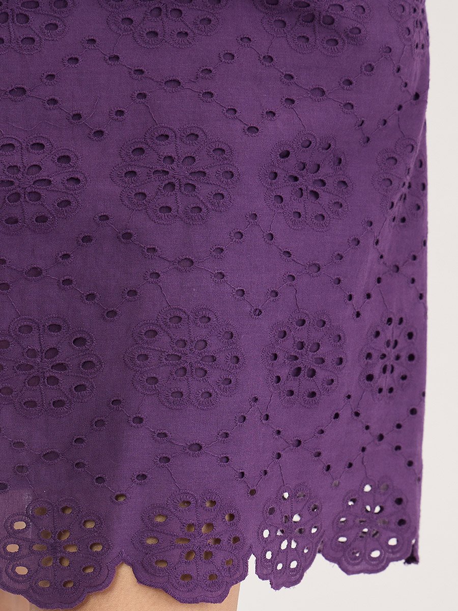 Purple Cotton Schiffli Knee Length Dress