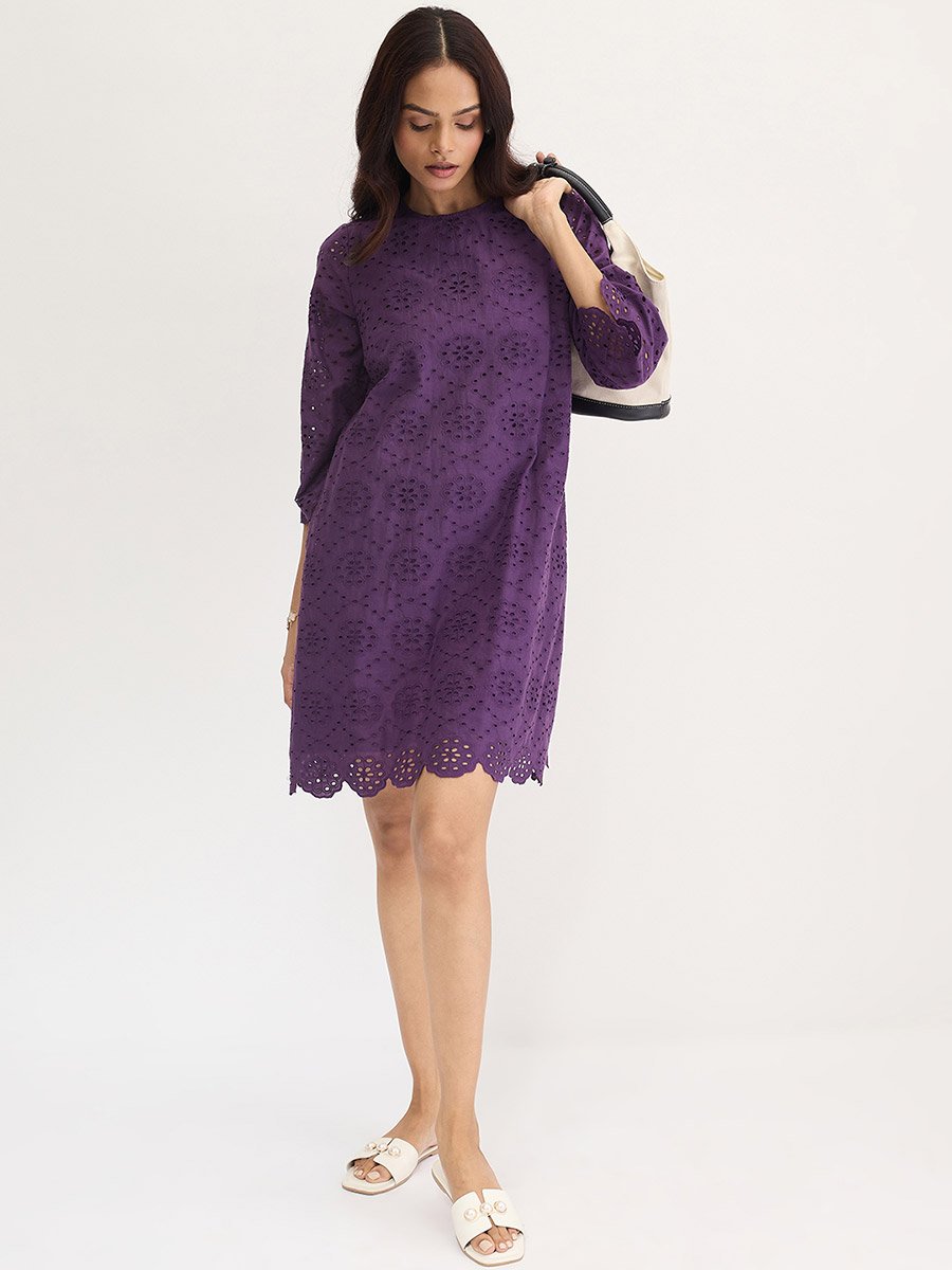 Purple Cotton Schiffli Knee Length Dress
