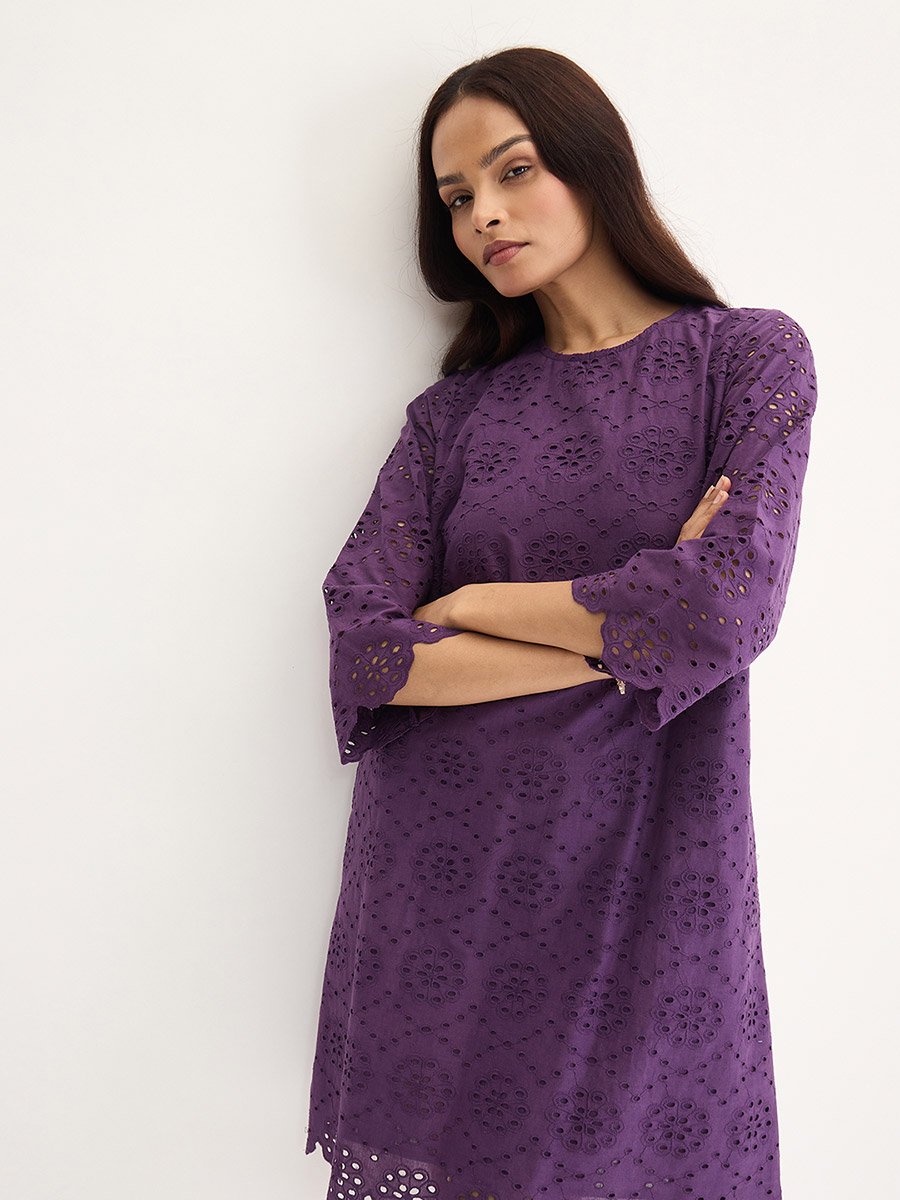 Purple Cotton Schiffli Knee Length Dress