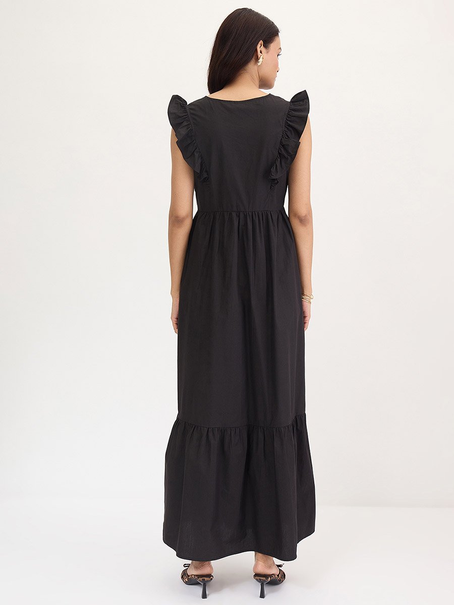 Black Poplin Ruffled Sleeves Maxi Dress