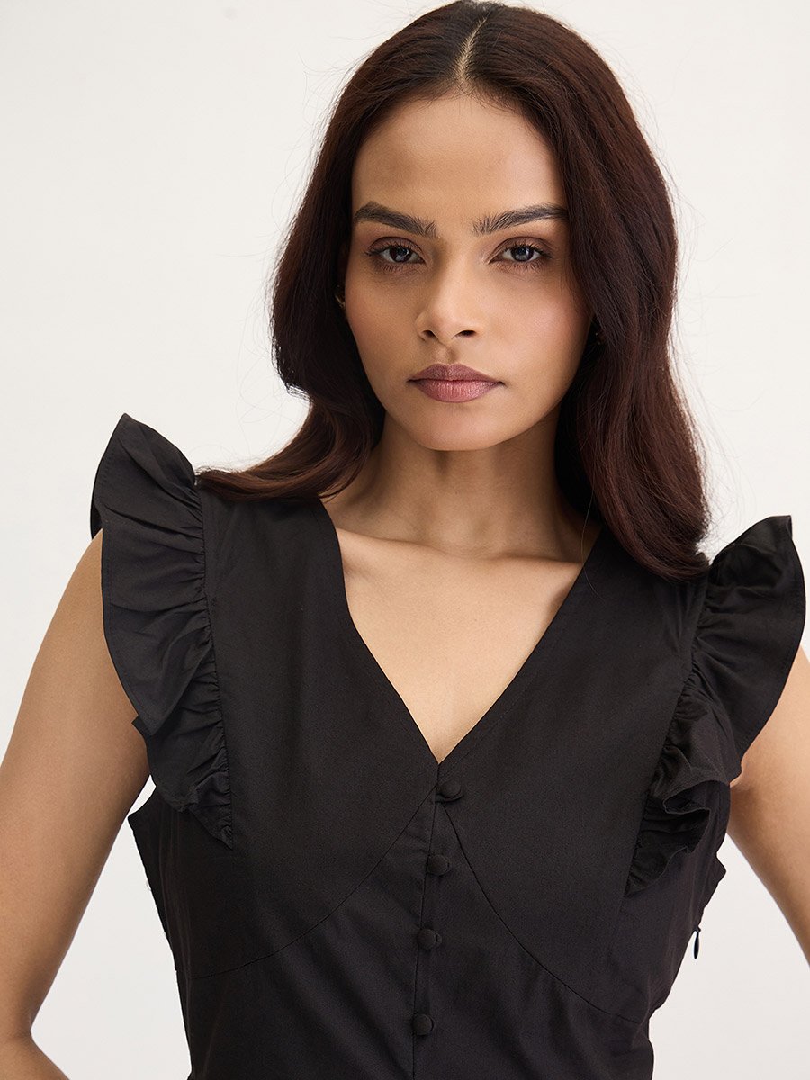 Black Poplin Ruffled Sleeves Maxi Dress