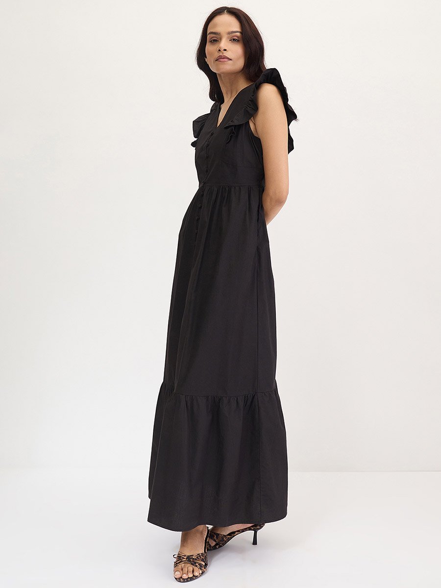 Black Poplin Ruffled Sleeves Maxi Dress