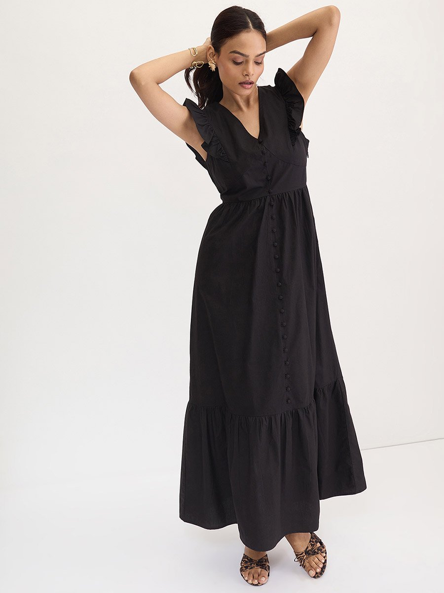 Black Poplin Ruffled Sleeves Maxi Dress