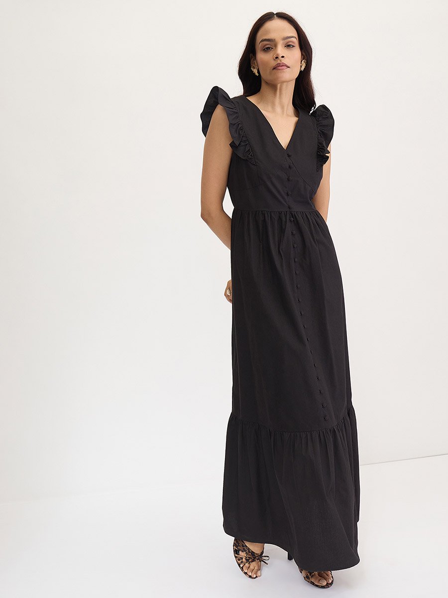 Black Poplin Ruffled Sleeves Maxi Dress