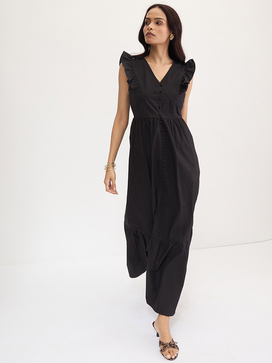 Black Poplin Ruffled Sleeves Maxi Dress