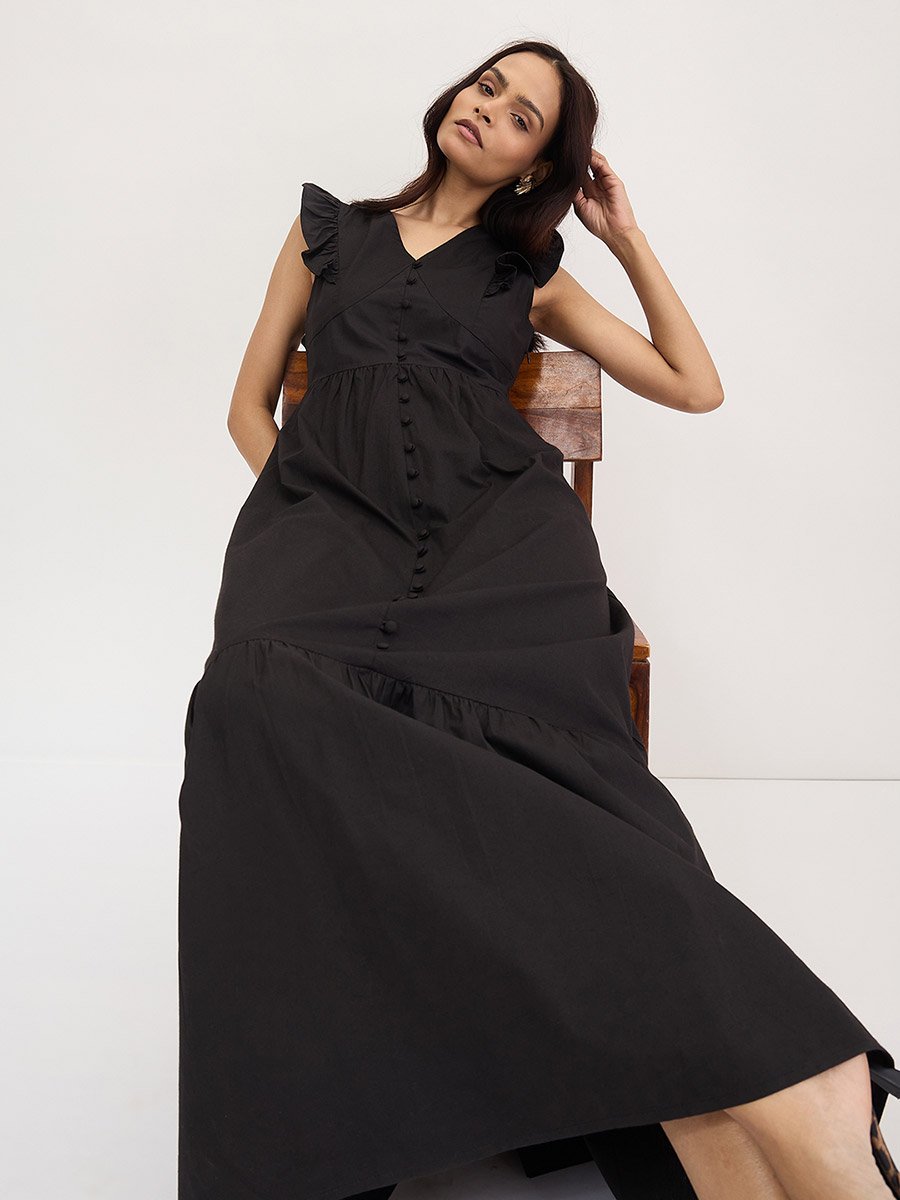 Black Poplin Ruffled Sleeves Maxi Dress