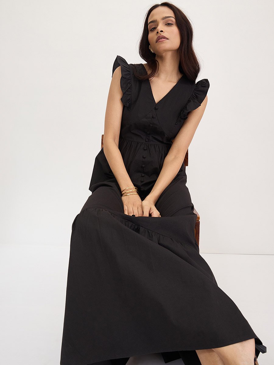 Black Poplin Ruffled Sleeves Maxi Dress