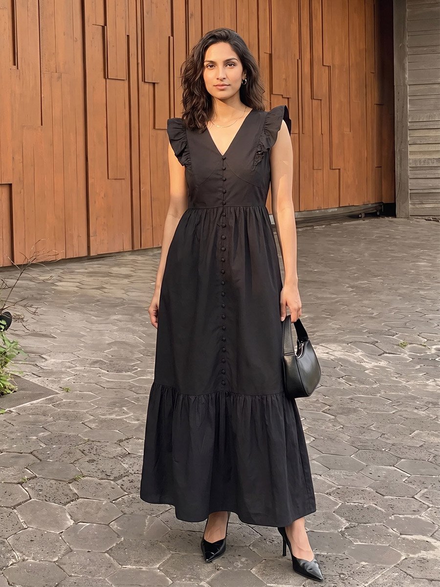 Black Poplin Ruffled Sleeves Maxi Dress