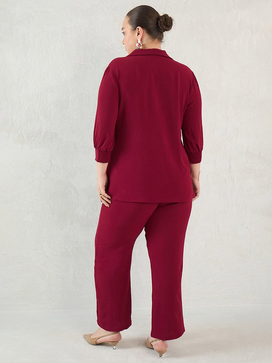 Plus Maroon Gather Detail Tunic and Pants Co-Ords
