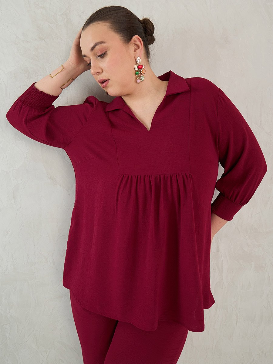 Plus Maroon Gather Detail Tunic and Pants Co-Ords