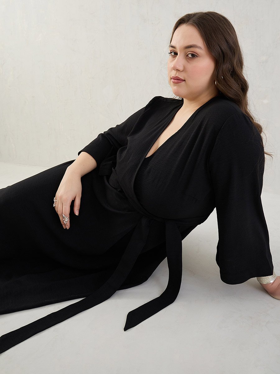Black Wrap Front Knee Length Dress For Women at Kuwait | Styli