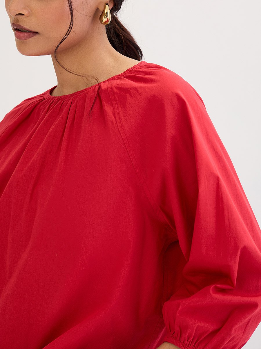 Red Poplin Back Tie-Up Top