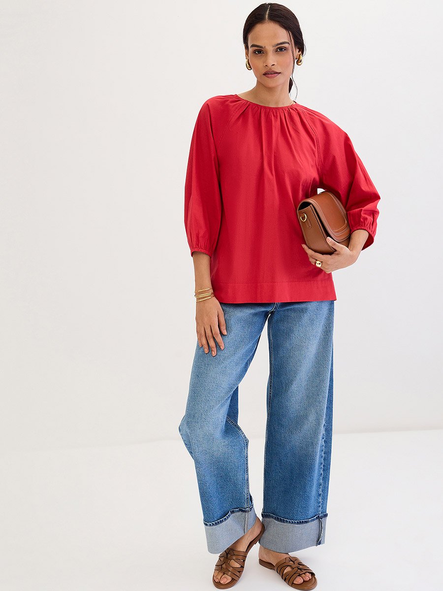 Red Poplin Back Tie-Up Top