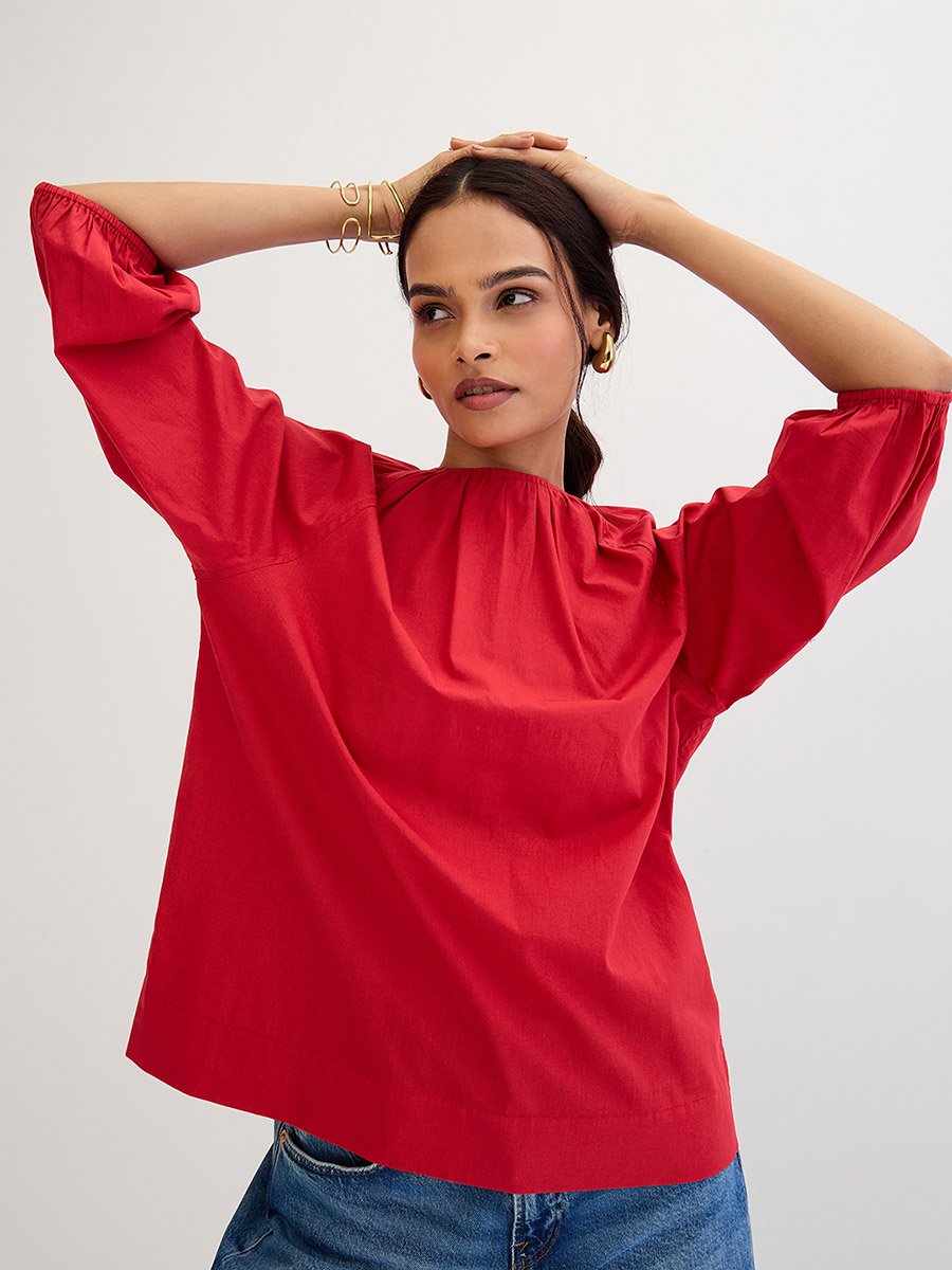 Red Poplin Back Tie-Up Top