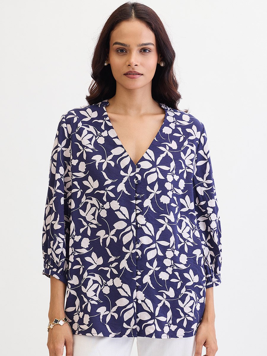 Navy Floral Print Buttoned Top