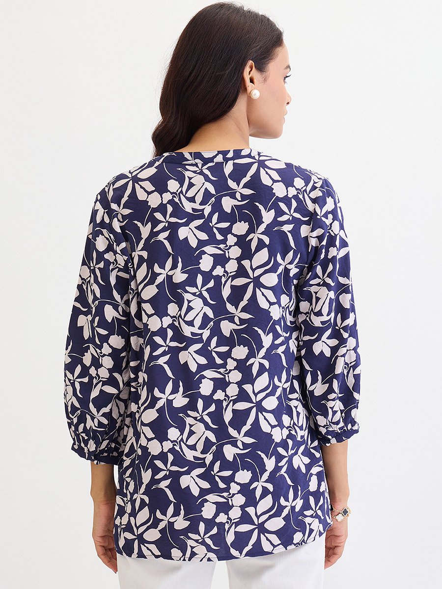Navy Floral Print Buttoned Top