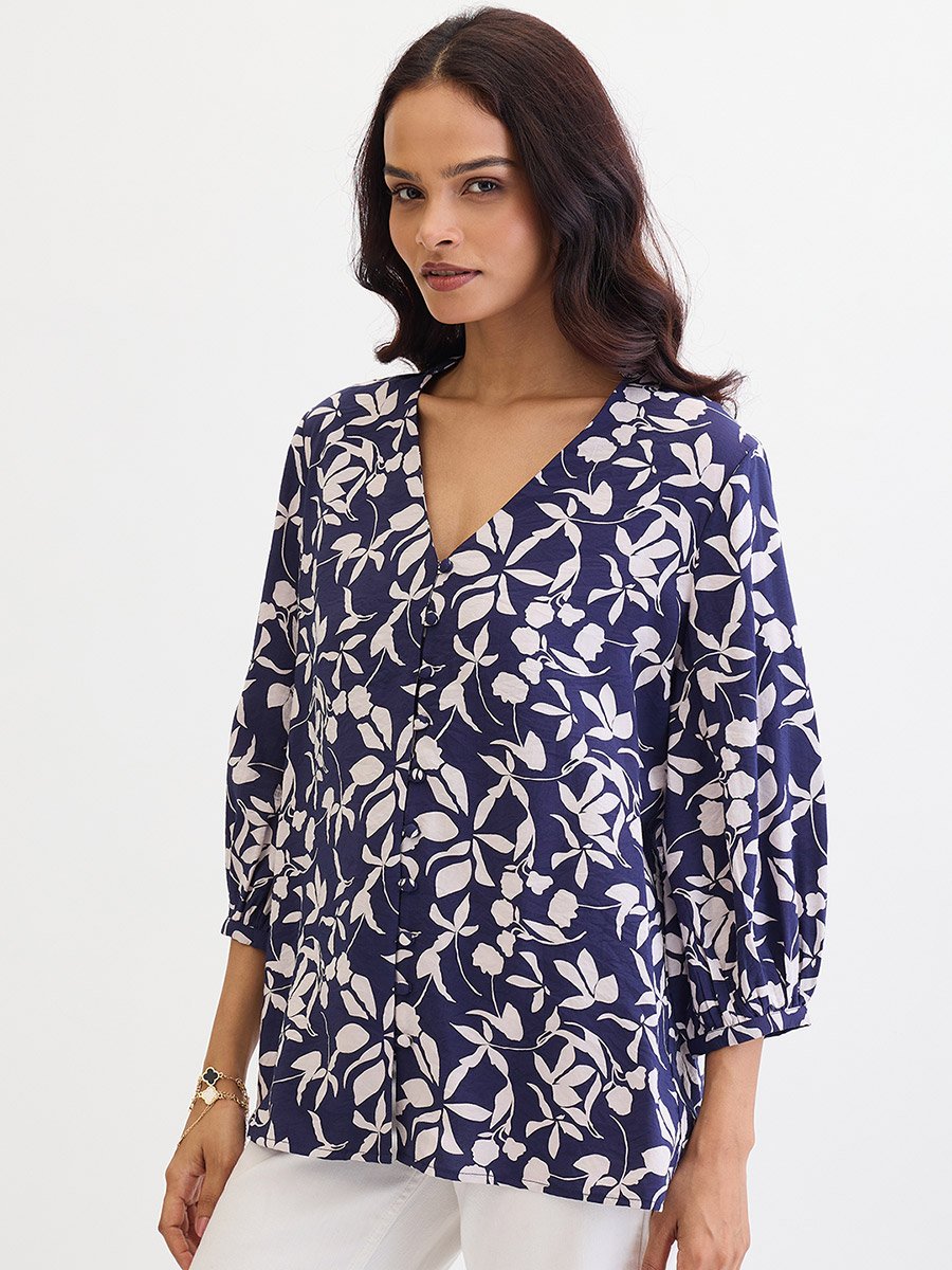 Navy Floral Print Buttoned Top