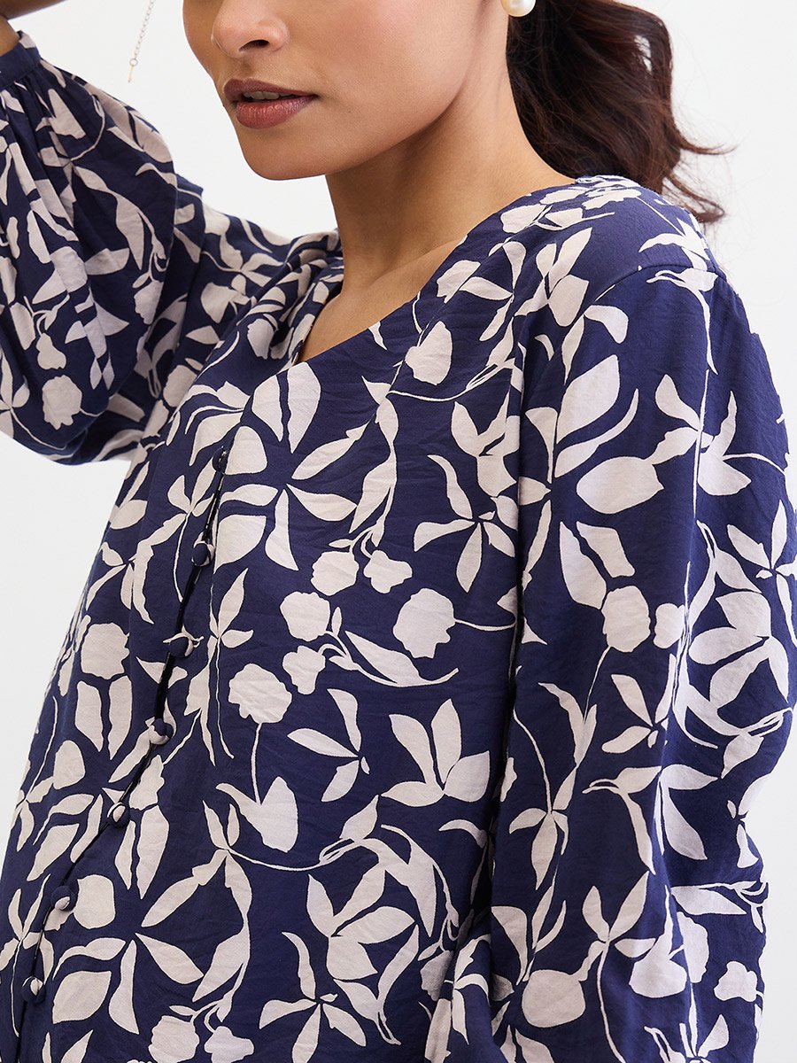 Navy Floral Print Buttoned Top