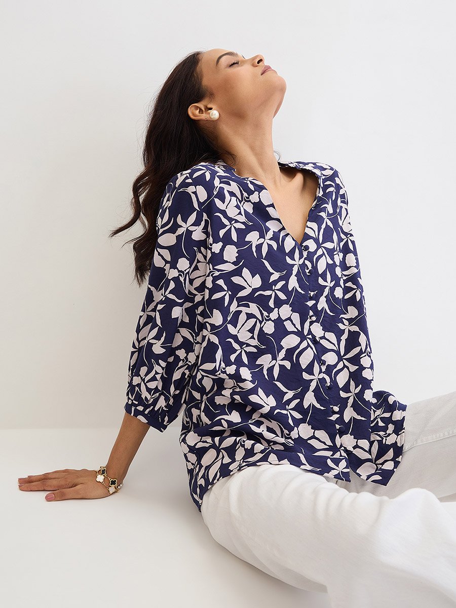 Navy Floral Print Buttoned Top