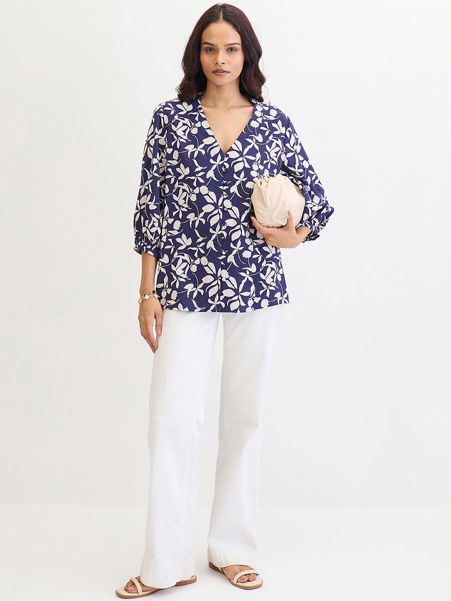 Navy Floral Print Buttoned Top