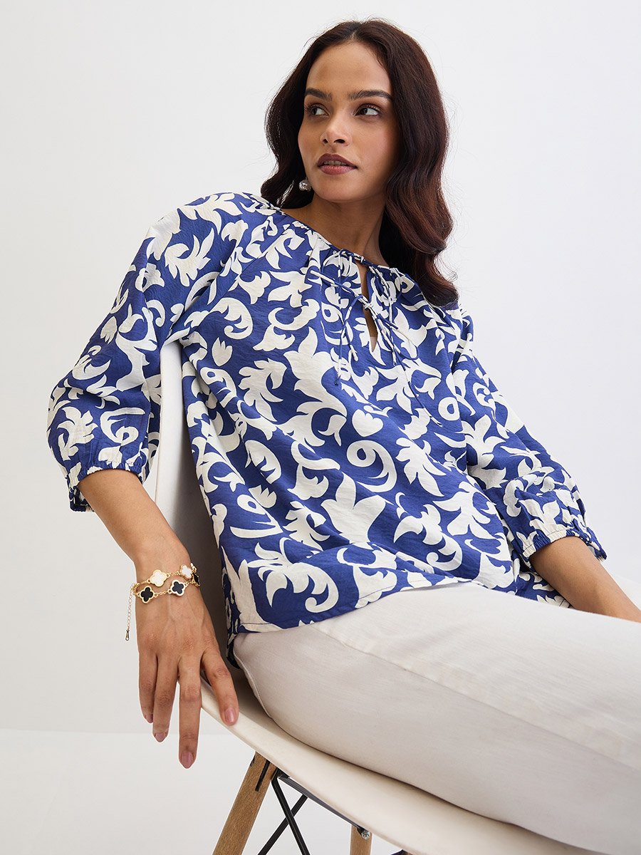 Blue All Over Print Relaxed Fit Top